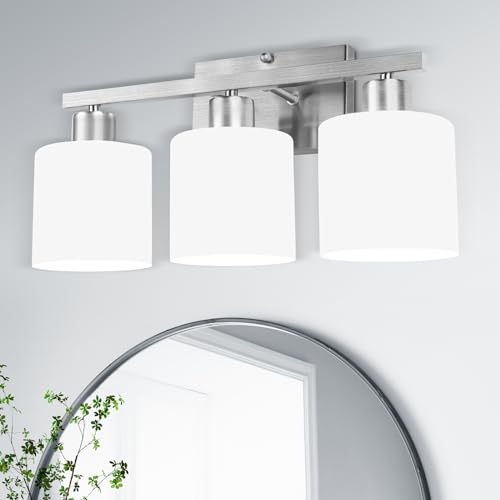 Image of SILAMPDI Bathroom Light Fixtures Brushed Nickel, 3-Light Bathroom Lights Over Mirror, Bathroom Vanity Lights for Bedroom, Living Room, Hallway, Milky White Glass Shades, E26 Base, Bulbs Not Included