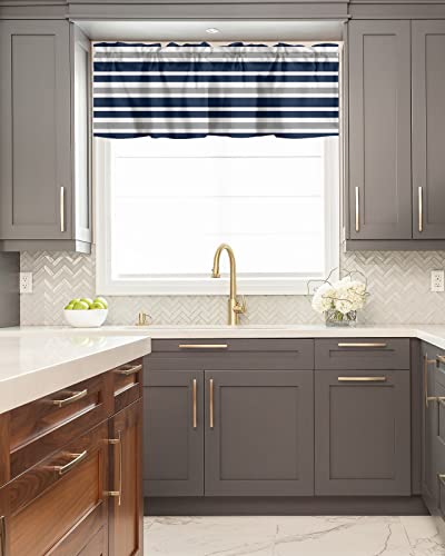 Onehoney Window Valances Kitchen Short Curtains, Navy Blue White Gray Stripes Rod Pocket Valance Drapes Decorative Window Treatment For Living Room Bedroom Bathroom Irregular Lines 54X18In #TOP4
