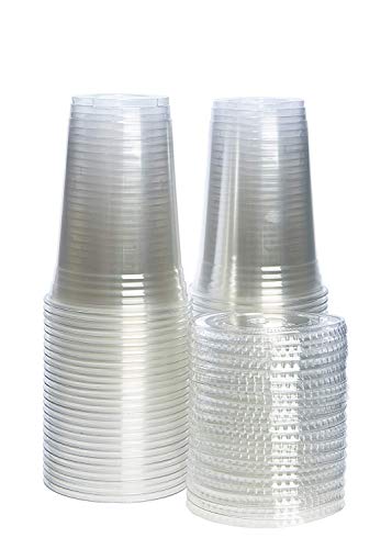 image for GUSTO Clear Plastic Cups with Flat Lids [20 oz - 50 Count] - Disposabl