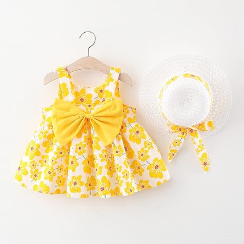 Image of Bold N Elegant Girls Cotton Sleeveless Floral Print Summer Frock Dress with Sun Hat for Preschool Girls