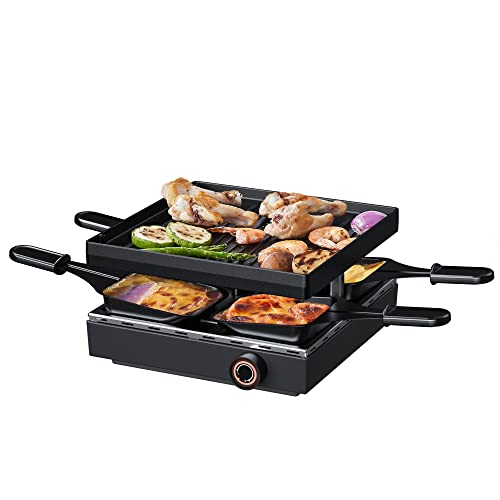 HeYork Raclette Grill mit Grillplatte Mini BBQ Tischgrill für 2 bis 4 Personen Antihaftbeschichteten Pfännchen mit 4…