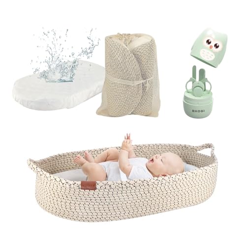 Image of Changing Basket for Baby Dresser Top - Handcrafted 100% Organic Cotton, Lightweight, Waterproof Cover, Raised Edges, Foam Mattress, Security Strap (Neutral Cream) | Includes Baby Nail Clippers Kit