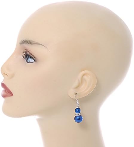 Purple Blue Glass Pearl Clear Crystal Drop Earrings/Silver Tone/ 40mm L, silver, blue - Image 3