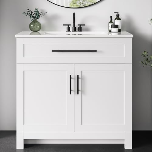 LIKIMIO 36' Bathroom Vanity with Sink, Freestanding Bathroom Vanity with 2 Soft-Close Doors & 1 U-Shaped Drawer, Integrated Ceramic Sink, Modern Bathroom Storage Cabinet, Easy Assembly, White