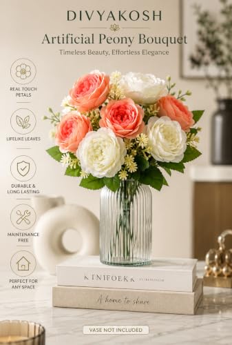 Image of Divyakosh Artificial Flowers for Vase (10 Peonies), Artificial Flowers Bunch (Vase Not Included), Luxury Floral Centerpiece for Living Room Dining Table Office Decor
