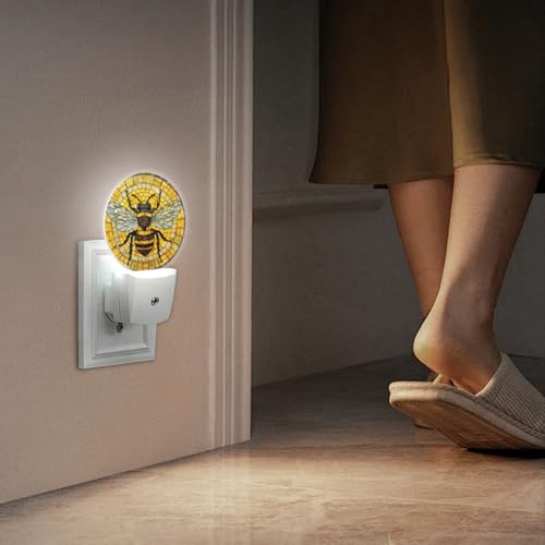 Image of Round LED Night Lights Lamp with Dusk to Dawn Sensor, 3D Circular Stained Glass with Bumblebee Night Light Plug Into Wall for Kids Room, Bedroom, Bathroom, Kitchen, Hallway