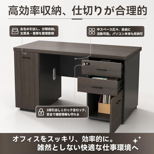 【Ke-ru-no】エグゼクティブデスク 両袖机 役員デスク 社長机 オフィス用 事務机 会社用 1人用テーブル 収納付き ワークデスク 通線穴付き コンパクト作業ホワイト BGZ-55NP-L0 幅140x縦70x丈75cm [3]