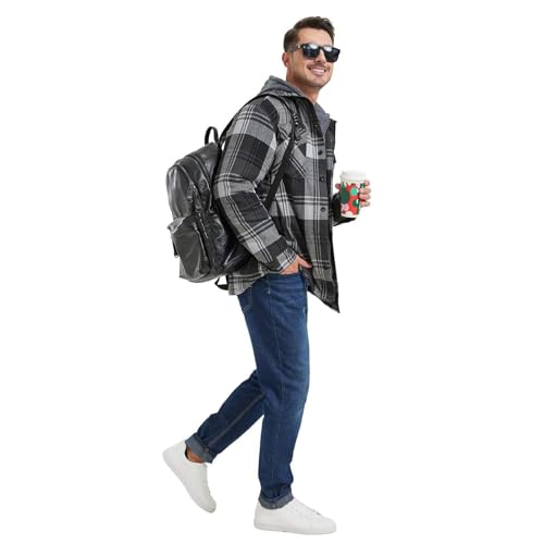 Mens Thicken Flannel Jackets, Plaid Sherpa Fleece Lined Hoodie Warm Shacket with 2 Chest Pockets3