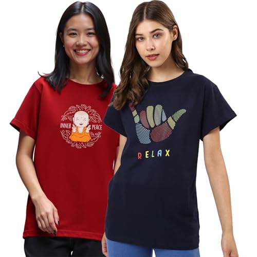 T-shirt Boyfriend coton col rond Bewakoof Lot de 2 femme rouge bleu marine XS