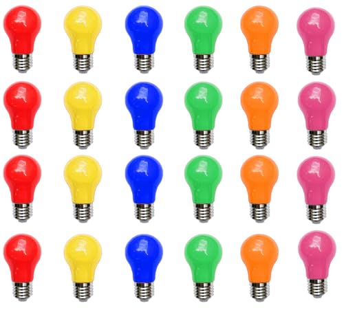 Aiwerttes Bombilla LED de 3 W, E27, A50, tapa de rosca, para bodas, Halloween, Navidad, eficiencia energética, 24 unidades (rojo, amarillo, azul, verde, naranja, rosa)