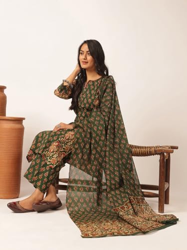 Image of Vbuyz Women's Printed & Embellished & Mirror Work Straight Cotton Stitched Kurta set | Straight Kurta Pant Dupatta | Kurta Set with Dupatta for Women | Suit Set | Ethnic Set | Printed Kurta Set