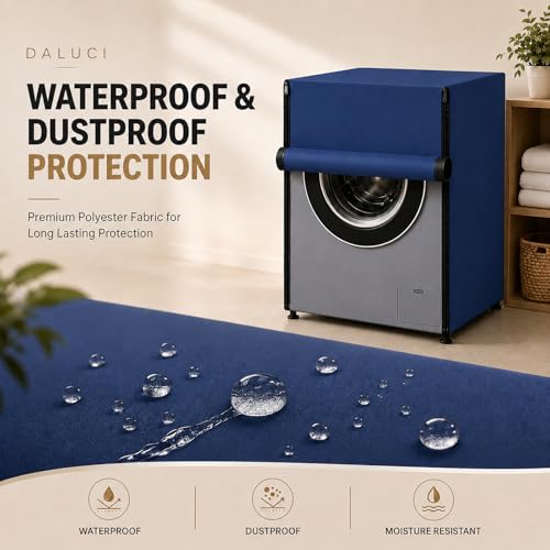 Image of DALUCI Washing Machine Cover Front Load for 6 Kg, 6.5 Kg, 7 Kg & 7.5 Kg Fully Automatic Machines | Waterproof Dustproof Polyester Protective Cover with Zipper (Blue, 59X59X86 CM)