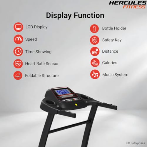 Image of Hercules Fitness TMA15 3.0 H.P D.C Motorized 15 Level Auto Incline Treadmill Max Speed 16 Km /Hr Max User Weight 120Kg Free Installation Assistance LCD Display Perfect Running Machine for Home Gym