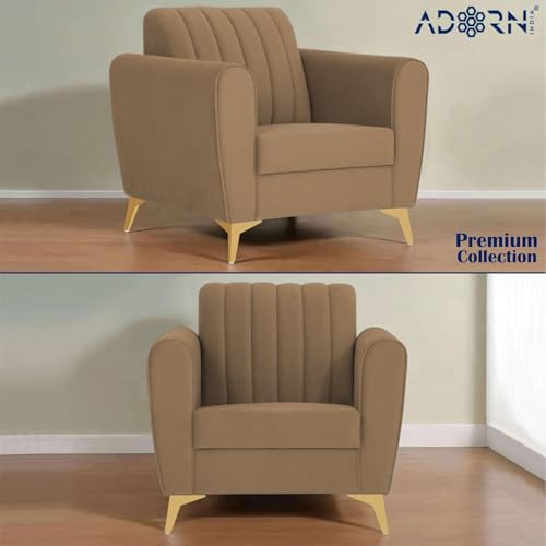 Image of Adorn India Premium Luster 3-1-1 Sofa Set | Velvet Suede Fabric | 3-Year Warranty | Color Camel with Golden Legs & Striped Pattern Cushion