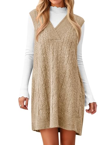 Robe pull sans manches col en V pour femme en tricot torsadé décontracté