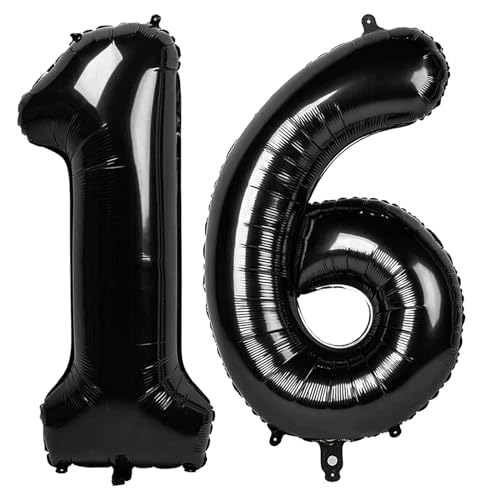 Image of Black Number 16 Balloon 40 Inch, 16th Birthday Party Decorations, Giant 16 Foil Balloon for Party Supplies