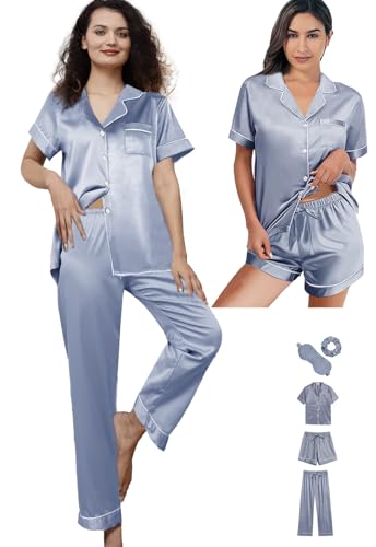 5Pcs Womens Silk Satin Pajamas Sets XS-XXL Short Pj Sets Button Down Pjs Set Sleepwear Loungewear4