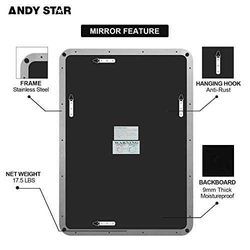 image for ANDY STAR Polished Nickel Mirror for Bathroom, 22”x30” Silver Meta