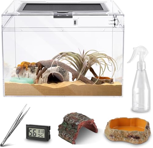 Image of HELIME Reptile Tank 5 Piece Starter Kit with Escape Proof Locking Lid Small | All in One Hermit Crab Terrarium,PC Tarantula Enclosure Frog Habitat,Stackable Cage with Hygrometer,Hide,Tweezer,Bowl,Sprayer