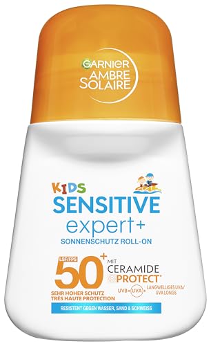 Garnier Ambre Solaire Kids Sensitive expert+ Sonnenschutz Roll-On LSF 50+ Sonnencreme für Kinder & Babys Wasserfest sandresistent & mit Ceramide-Protect Handliches Taschenformat 50ml