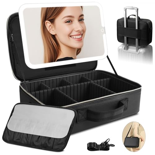 Trousse de Maquillage avec Miroir LED Amovible, Grand 38X28cm Professionnel Sac de cosmétiques de Voyagea de Lumineux, boîtier de Maquillage avec Miroir éclairé, 3...