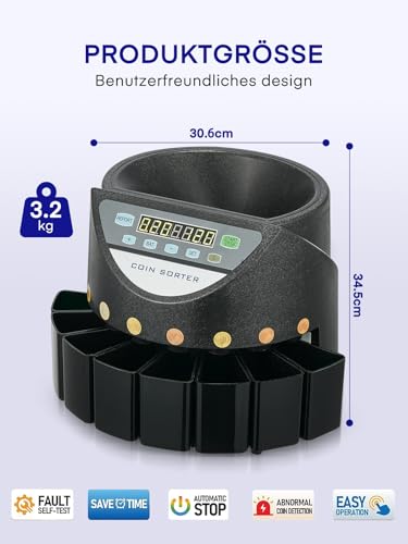 Münzzähler Euro Sortierer, Geldzählmaschine Münzen Sortierer 800 Münzen Kapazität, Münzen Zählmaschine mit 8 Auffangboxen, münzzählmaschine für Schulladenbank, schwarz, U-Bahnen