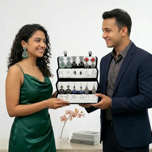 Image of Premium Oxidised Designer Stud Earrings Set of 12 with Folding Earring Organizer Box (Black) | Stylish Traditional & Modern Earring Set | Gift for Women