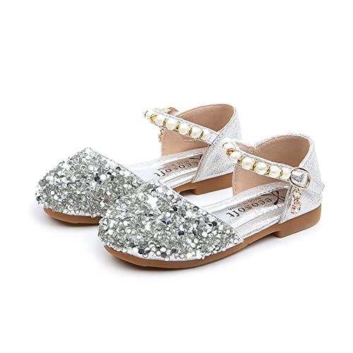 Girls White Dress Shoes Princess Low Shoes Dance Rhinestone Sandals Pumps Kids Little Heels Glitter Dress Sequins Girls (Silver-a, 30)2
