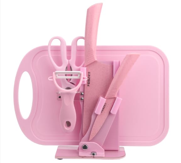 Pink Kitchen Knife Set with Cutting Board Peeler and Stand 6 Piece Baby Food Prep Combo