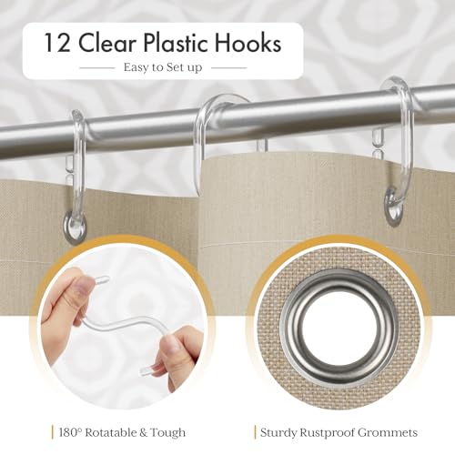 Image of AmazerBath Farmhouse Shower Curtain, Brown Shower Curtain Set with Tassels, Rustic Faux Linen Brown Striped Boho Shower Curtain with Hooks, Warm Tan Toned, 72x72 Inches