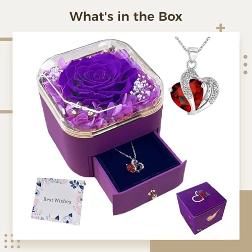 Joyero de rosa eterna morada con collar de corazón de cristal 4