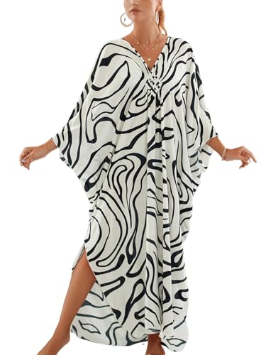 Image of IMAGEKOPE Women's Plus Size Animal Print V-Neck Batwing Kaftan Beach Dress Bathing Suit Cover-Up Loungewear