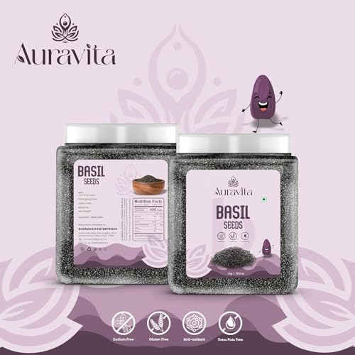 Image of Auravita Premium Raw Sabja Basil Seeds 1kg | Nutrient-Rich, Pure Basil Seeds For Healthy Drinks, Smoothies, And Recipes