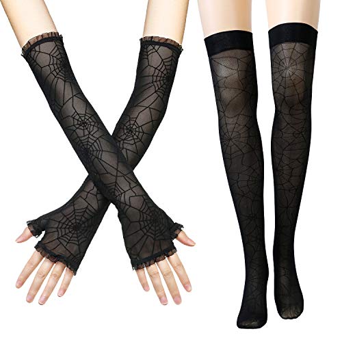 WILLBOND Guanti di scheletro di Halloween Spider Web Scaldino più calze di scheletro di ginocchio Calze di ragnatela per uomini Donne Costume di Halloween (Ragno)