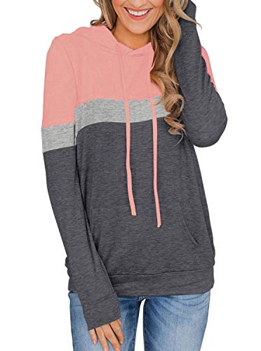 PINKMSTYLE Womens Color Block Long Sleeve Shirts Pullover Sweatshirt Tops with Pocket Pink Large - Image 3