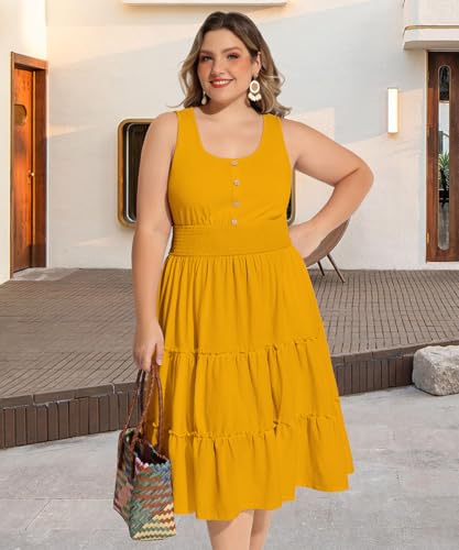 Image of RITERA Plus Size Summer Casual Dresses for Women Sleeveless Button Down Empire Waist Ruffle Tiered Swing Midi Dress XL-5XL