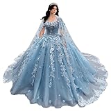 Mouccy Sparkly 3D Flowers Petite Quinceanera Dresses Sky Blue Beaded Quince Dresses with Train Off Shoulder Sweet Sixteen Dresses with Cape 0