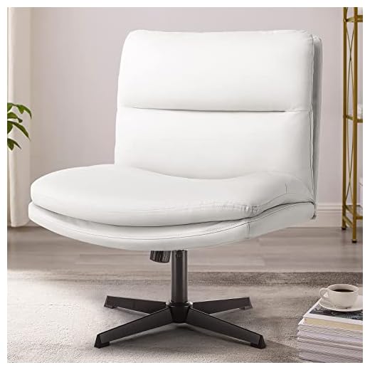 PUKAMI Armless Office Desk Chair No Wheels,PU Leather Criss Cross Legged Chair for Home Office,Modern Swivel Vanity Chair,Mid-Back Computer Chair,Height Adjustable Wide Seat Task Chair (White)