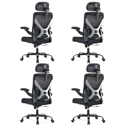 Image of Ergonomic Office Chair - X-Shaped Computer Desk Chair Comfy, Gaming Chair, Office Chair with Lumbar Support, Mesh Office Chairs with Headrests, Desk Chair for Long Hours, Black Silver, Pack of 4