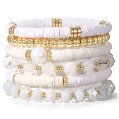 Aigrnc Boho Beaded Stretch Bracelets For Women Stackable Crystal Gold Plated Beaded Bracelets Set Trendy Handmade Friendship Braeclet Jewelry Gifts (F-XWhite 6pcs)
