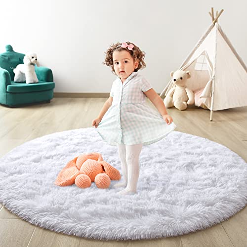 Flydoit White Round Rug For Bedroom, Super Fluffy Circle Rugs For Baby Nursery, 5'X5' Feet Furry Carpet For Children Kids Room, Cute Soft Shaggy Rug For Girls Home Decor, Fuzzy Plush Carpets For Dorm #TOP4
