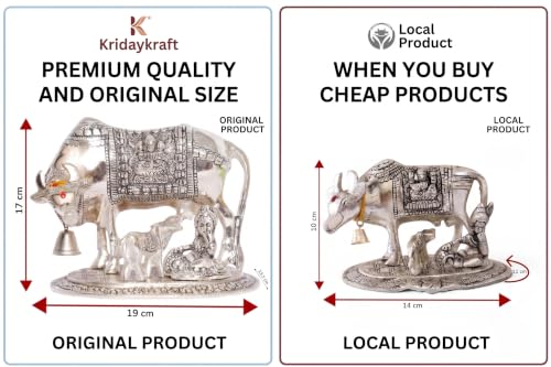 Image of KridayKraft Kamdhenu Cow & Calf with Bal Gopal Krishna Metal Statue Vastu Idol for Good Luck, Wealth & Prosperity, Feng Shui Showpiece for Home, Office & Housewarming Gift (Silver)