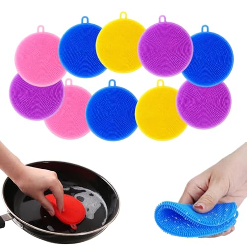 Image of Cleaning Sponge Silicone Scrubber for Kitchen Scrubber Fruit and Vegetable Washing Brush Round Scrubber Pad Multipurpose Silicone Dishwashing Tools (Multicolor) (10)