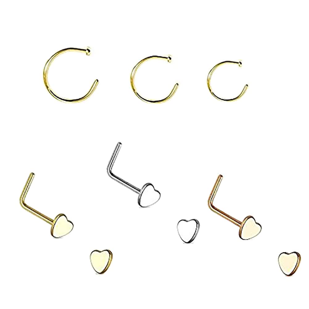 6-Piece Nose Piercing Package, 3 nose rings and 3 Heart Design nose Stud (Gold IP)