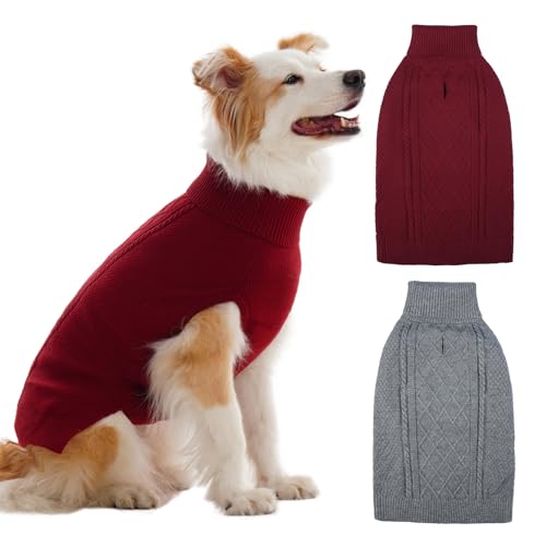 IECOii 2 Pack XL Dog Sweater for Large Dogs Girl Boy, Turtleneck Pullover Sweatshirt with Leash Hole, Sleeveless Lightweight Knitted Clothes Fit for Spring Fall,Easy to Put On, Burgundy + Gr