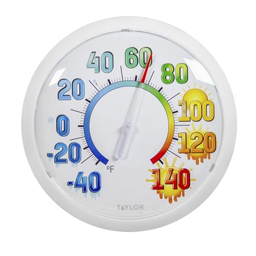 Image of Taylor Colorful Icons Big and Bold Wall High Temperature Thermometer Indoor Outdoor Wireless Easy Read Large Numbers for Patio Pool Indoor Use, Weather Resistant 13.25 Inch Modern Home Decor, White
