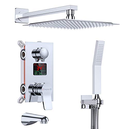 Derpras DPS008 thermostatic bar mixer shower tap with LED digital display, 3-way luxury bathroom rain fall shower head, chrome