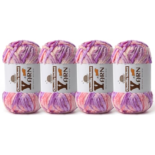Image of 4 Pack Plush Chenille Chunky Yarn - Fluffy Velvet Yarn Crochet for Blanket Knitting and Crocheting - Soft Baby Yarns for Crocheting - Amigurumi Crochet Yarns 100g (87yds) (4 Pinkish Purple)
