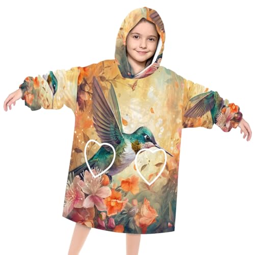 Kids Blanket Hoodie Birds Hummingbird Wearable Blanket Hoodie Oversized Hooded Blanket, Sweatshirt Blanket with Pockets Soft Warm Kids Hooded Blanket for Girls, Boys