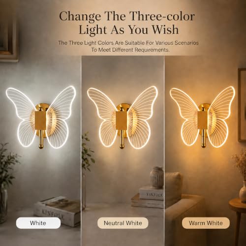 Image of One94Store Luxury Butterfly LED Wall Sconce | Premium Modern Wall Light for Bedroom, Bedside & Living Room | Elegant Decorative Indoor Wall Lamp | 3 Colour Mode | Contemporary Home Decor